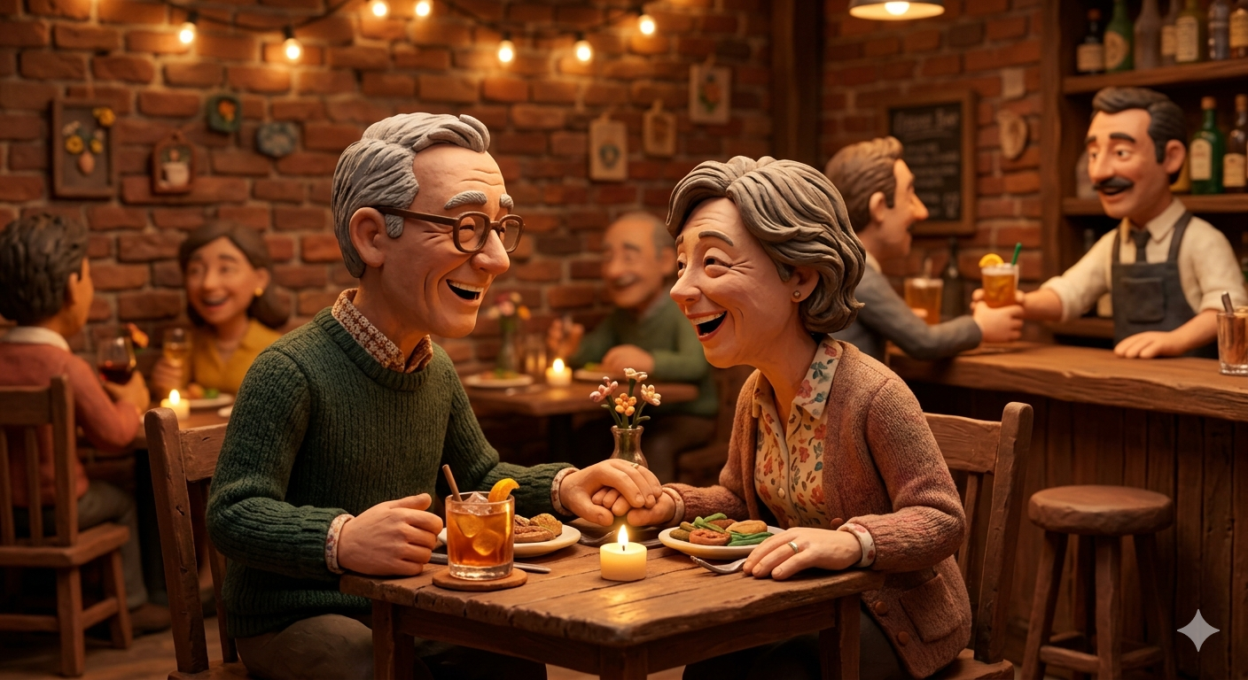 Claymation diners at a restaurant table