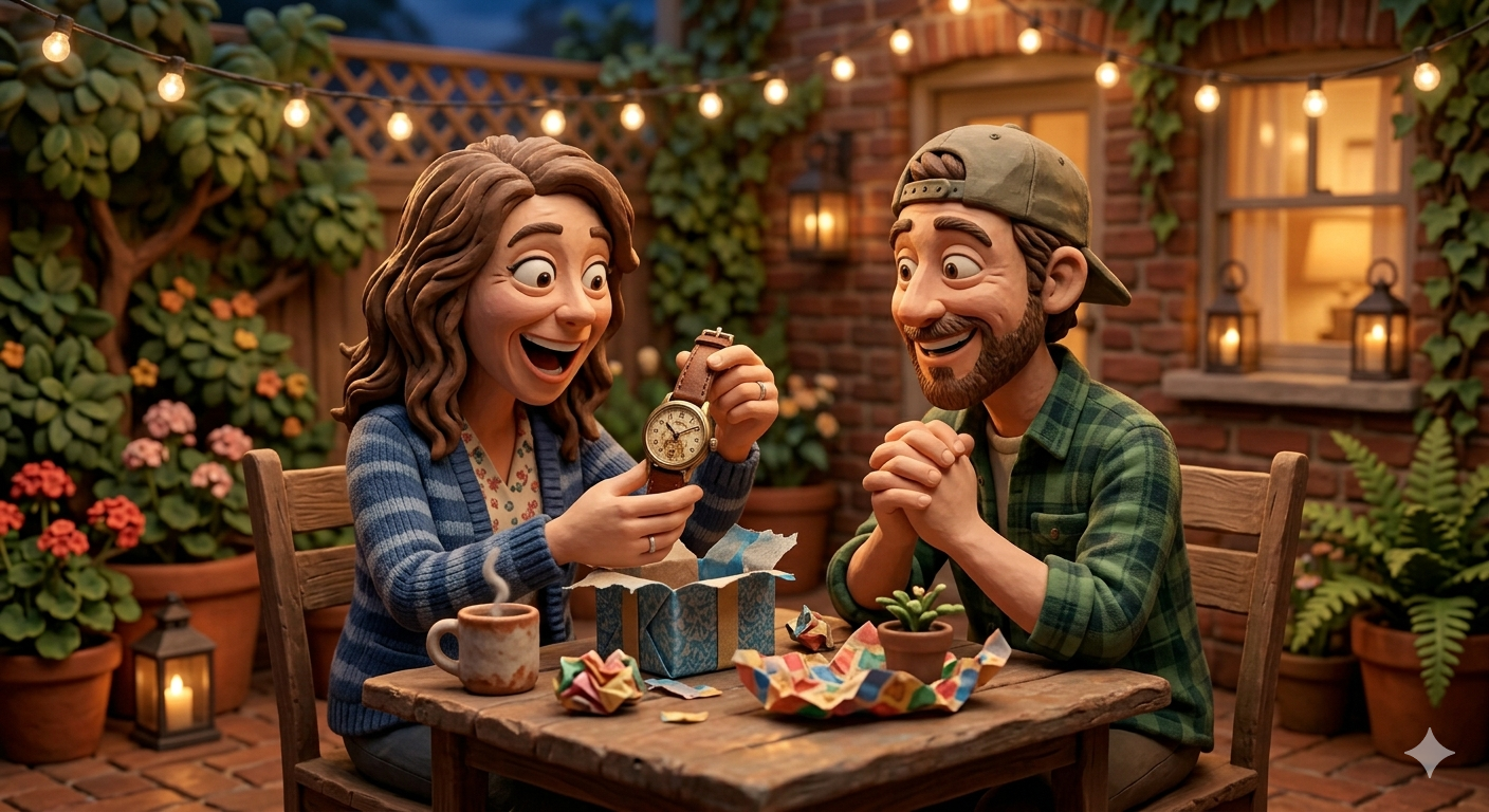Claymation scene of a wrapped gift