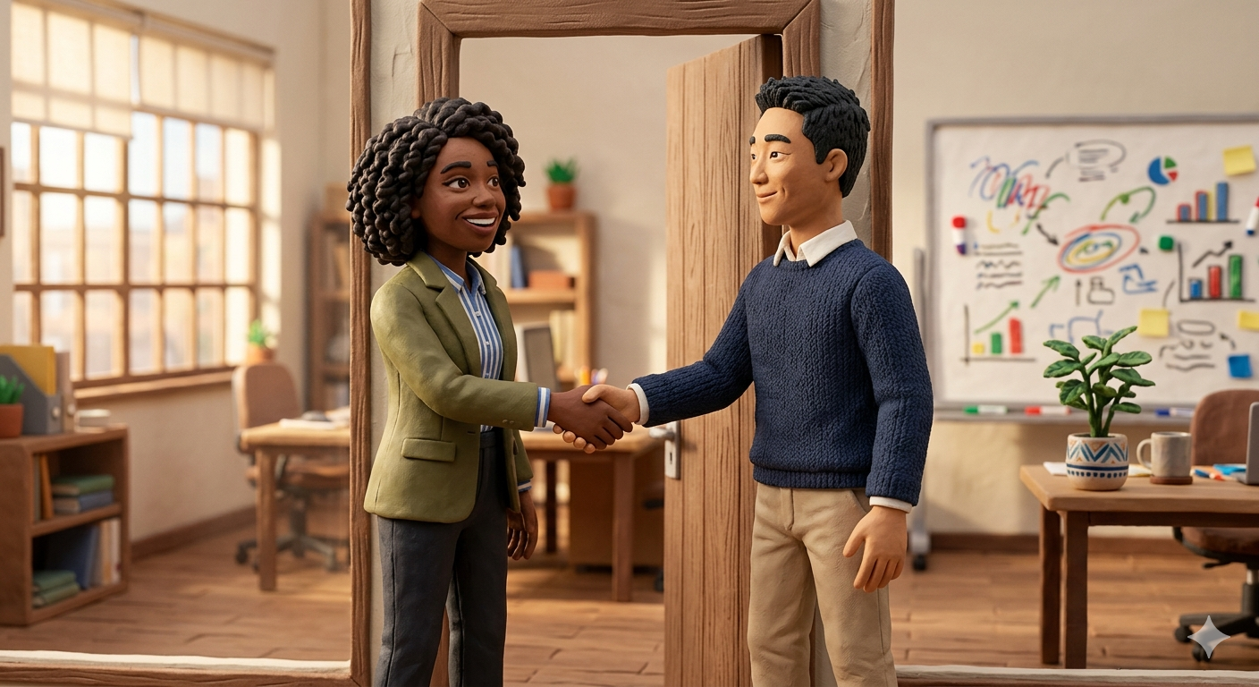 Claymation scene of two people shaking hands in an office